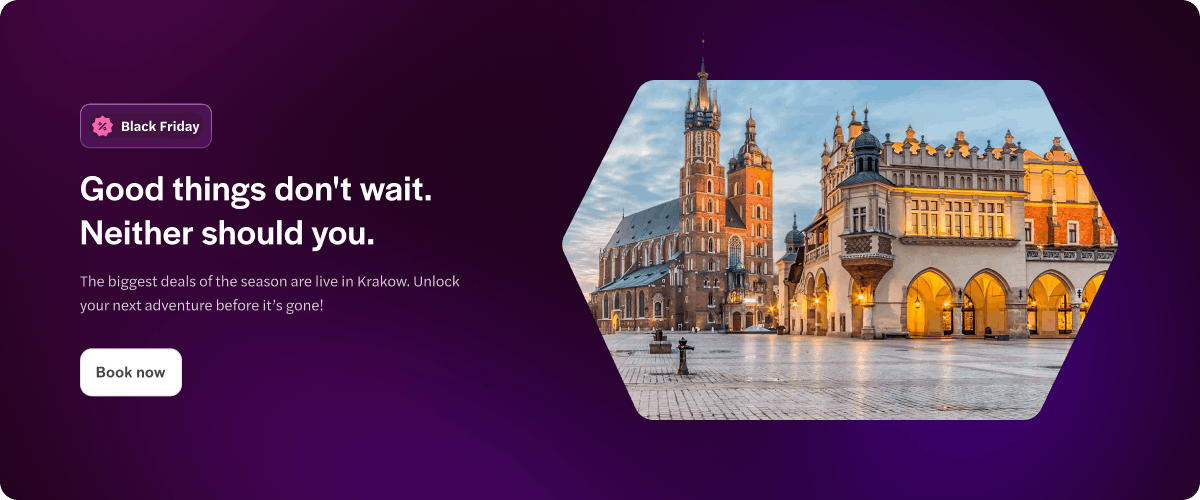 St Mary's Church and Cloth Hall in Krakow's Main Square at dusk.
